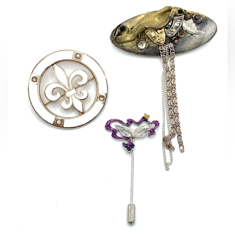 Vintage Mardi Gras Mask Fleur de Lis Brooch Scarf Pin Set